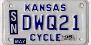 Kansas 1995 motorcycle license plate Shawnee county #DWQ21