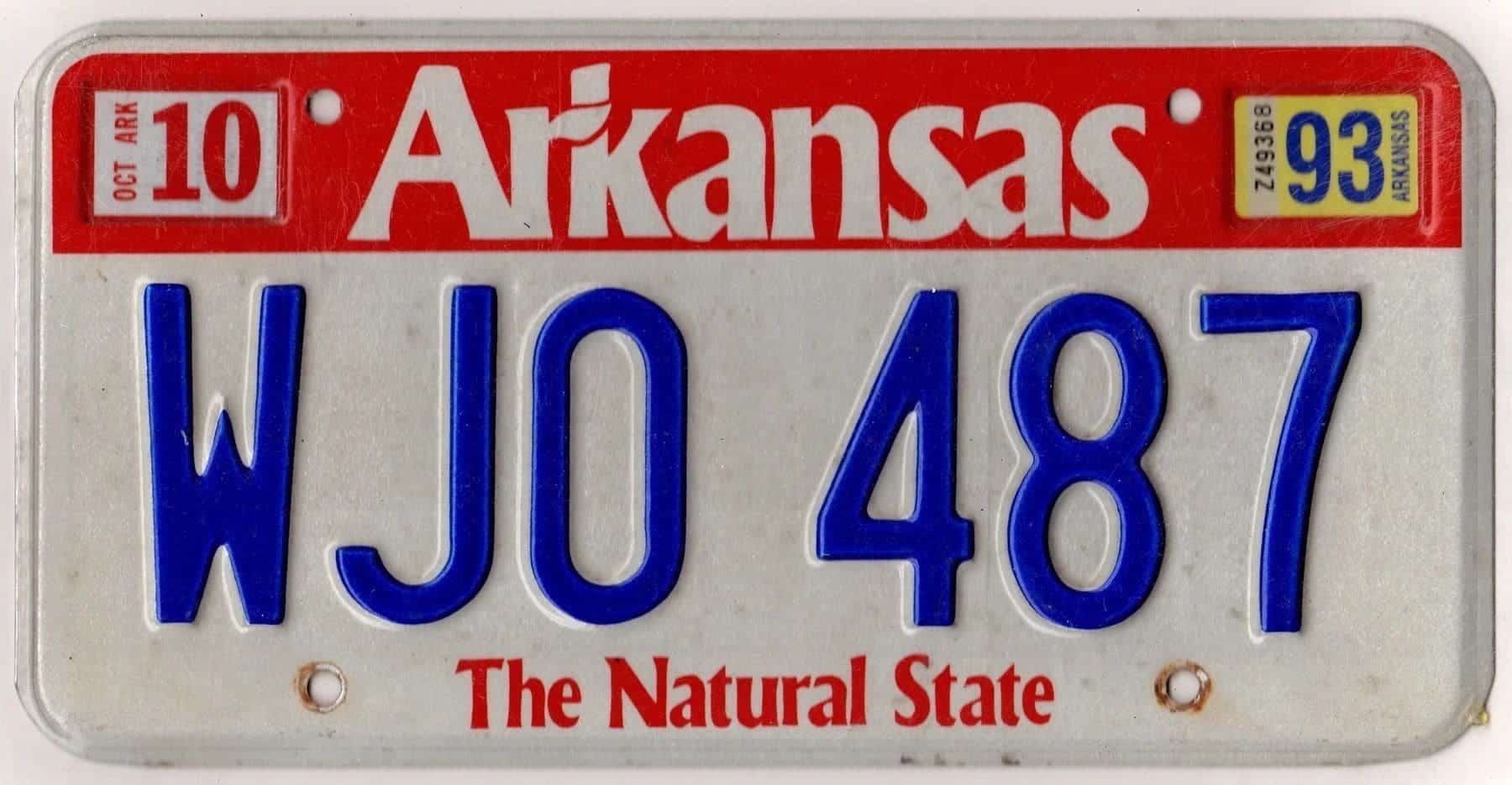 Arkansas 1993 car license plate #WJO-487