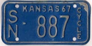 Kansas 1967 motorcycle license plate Shawnee county #SN-887