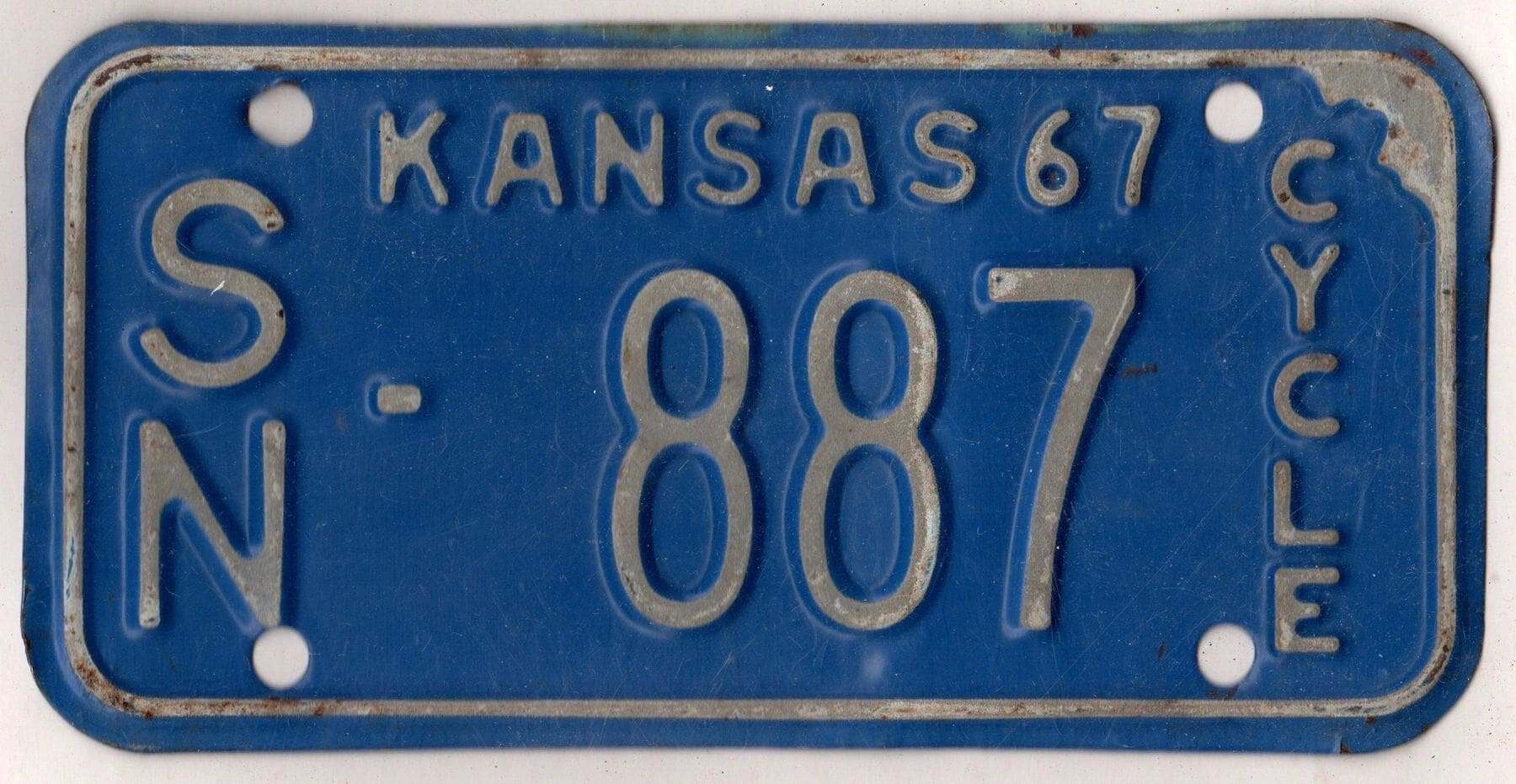 Kansas 1967 motorcycle license plate Shawnee county #SN-887