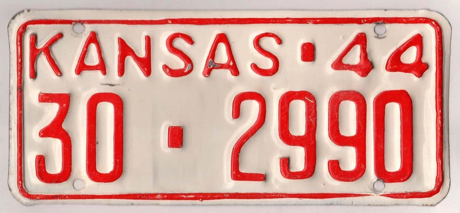 Kansas 1944 car license plate Riley county #30-2990