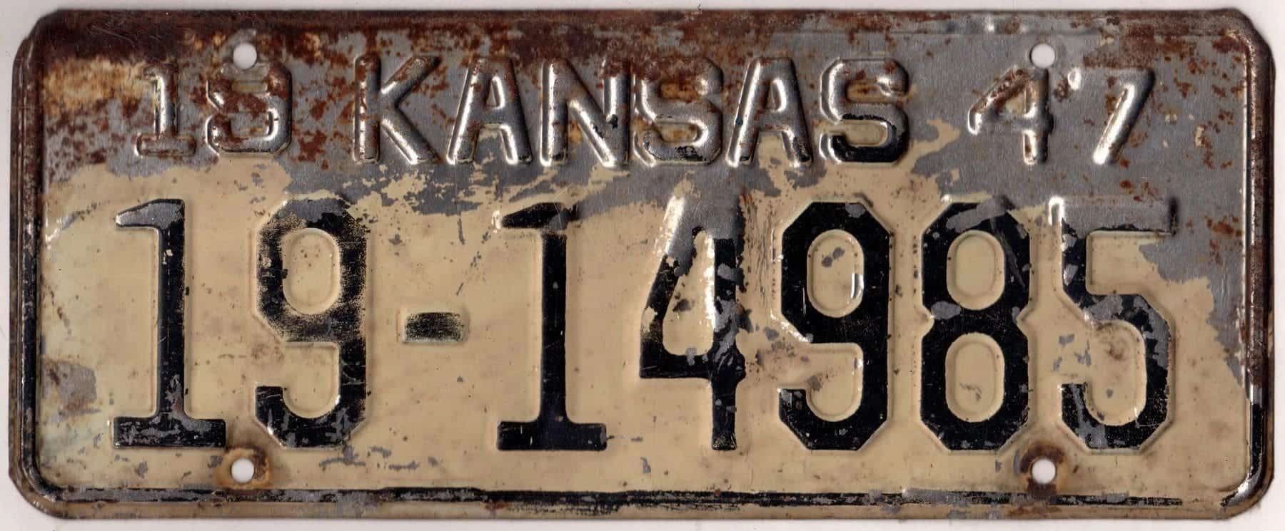 Kansas 1947 car license plate Johnson county #19-14985