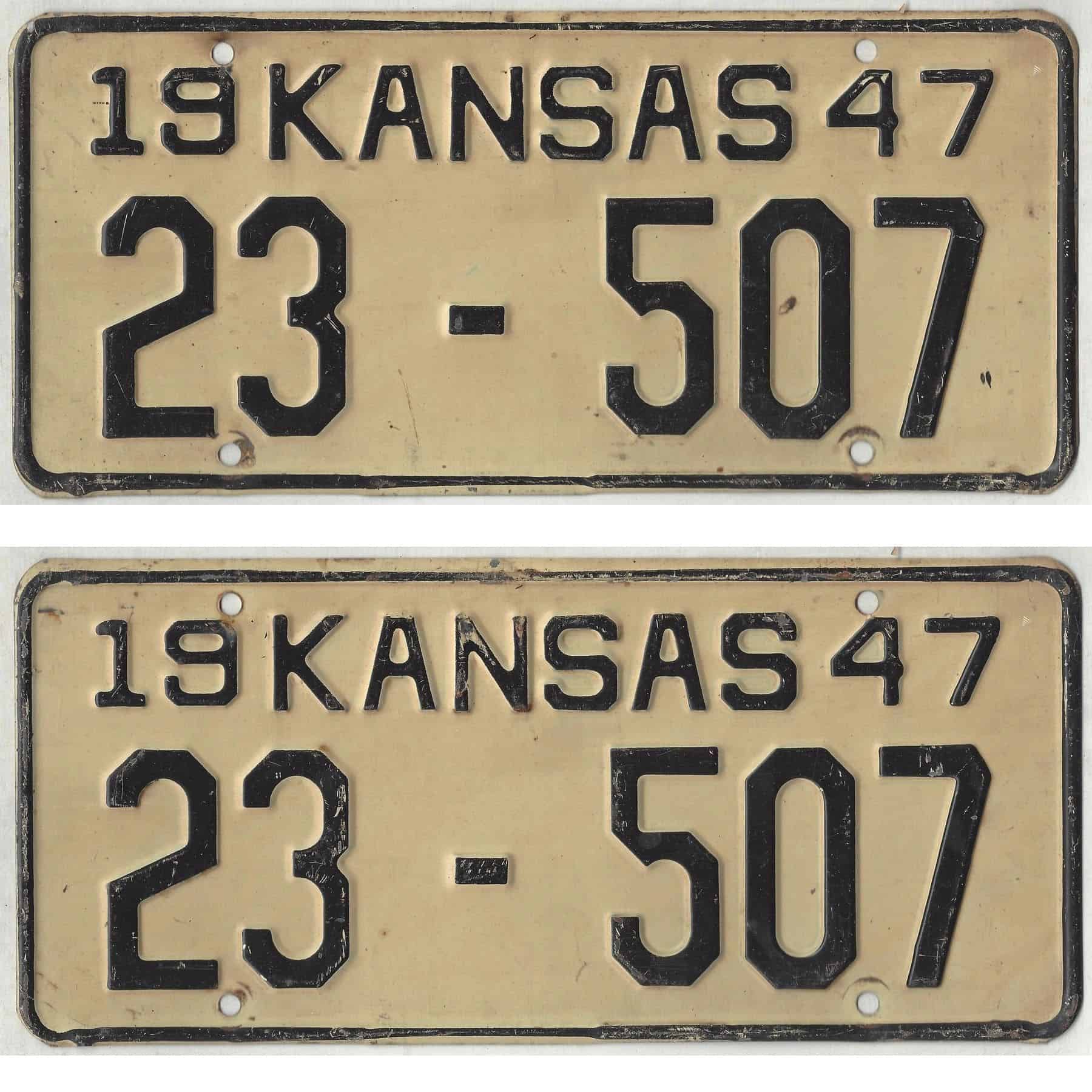 Kansas 1947 car license plate pair Marion county #23-507