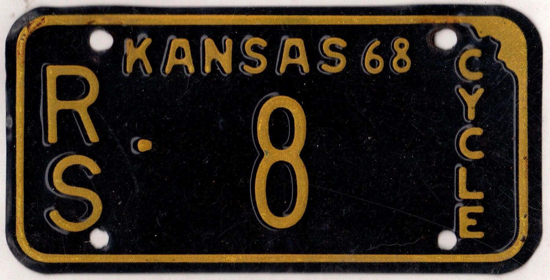 Kansas 1968 motorcycle license plate Russell county #RS-8