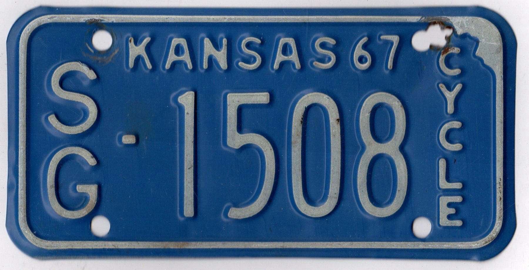 Kansas 1967 motorcycle license plate Sedgwick county #SG-1508