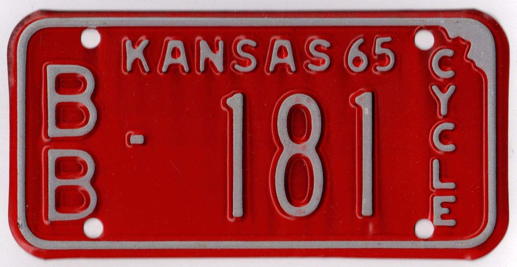 Kansas 1965 motorcycle license plate Bourbon county #BB-181