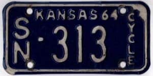Kansas 1964 motorcycle license plate Shawnee county #SN-313