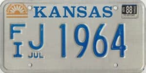 Kansas 1988 car license plate Finney county #FI J-1964