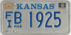 Kansas 1988 car license plate Finney county #FI B-1925