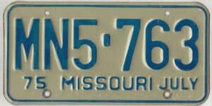 Missouri 1975 car license plate #MN5-763