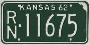 Kansas 1962 car license plate Reno county #RN-11675