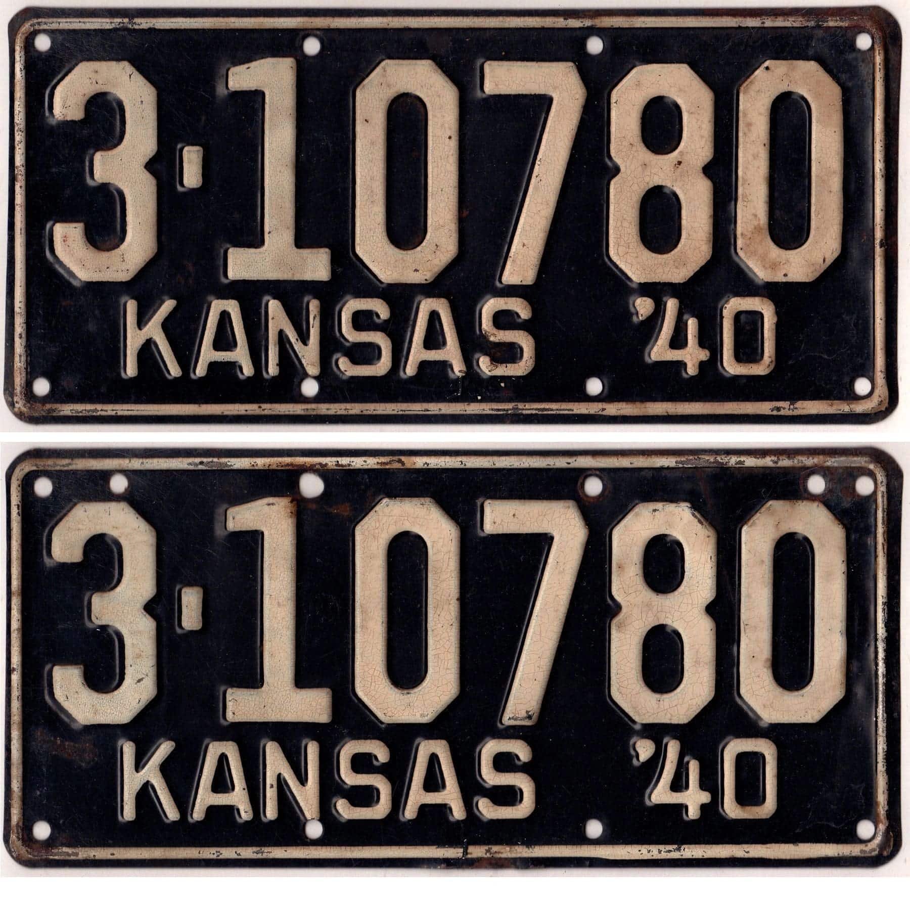 Kansas 1940 car license plate pair Shawnee county #3-10780