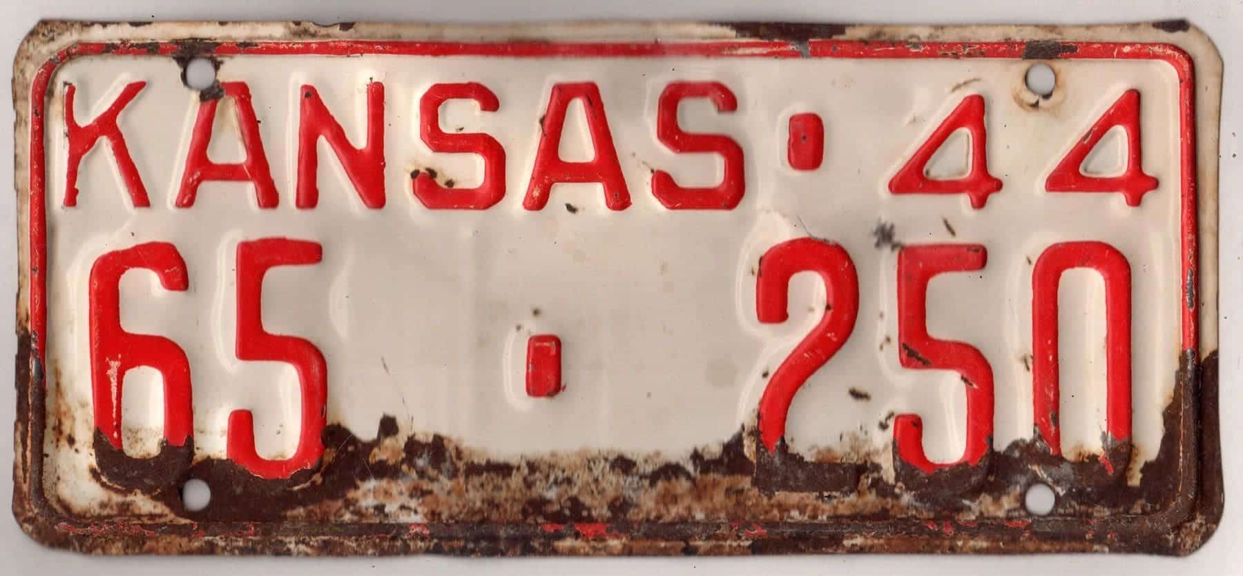Kansas 1944 car license plate Ottawa county #65-250