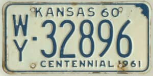 Kansas 1960 car license plate Wyandotte county #WY-32896