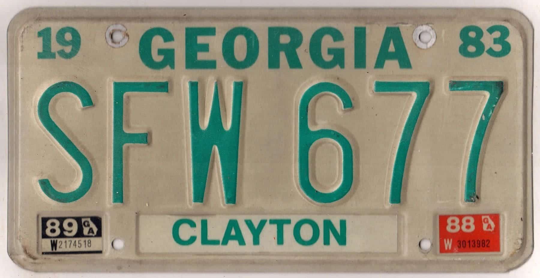Georgia 1988 car license plate Clayton county #SFW-677