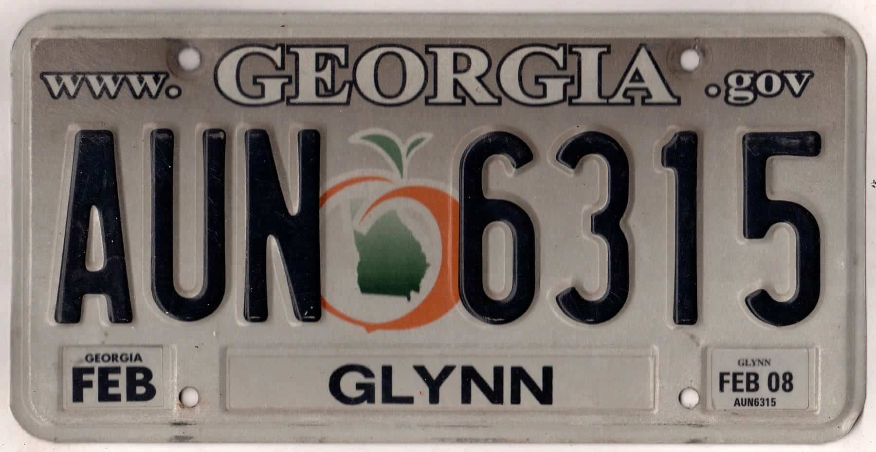 Georgia 2008 car license plate Glynn county #AUN-6315