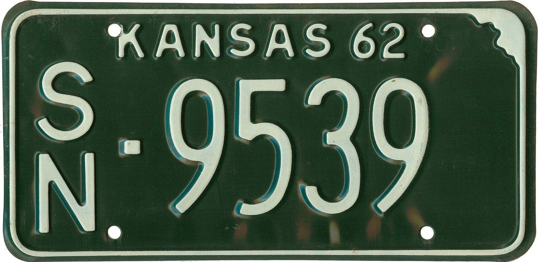 Kansas 1962 car license plate Shawnee county #SN-9539