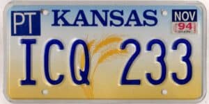 Kansas 1994 car license plate Pottawatomie county #ICQ-233