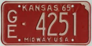 Kansas 1965 car license plate Geary county #GE-4251