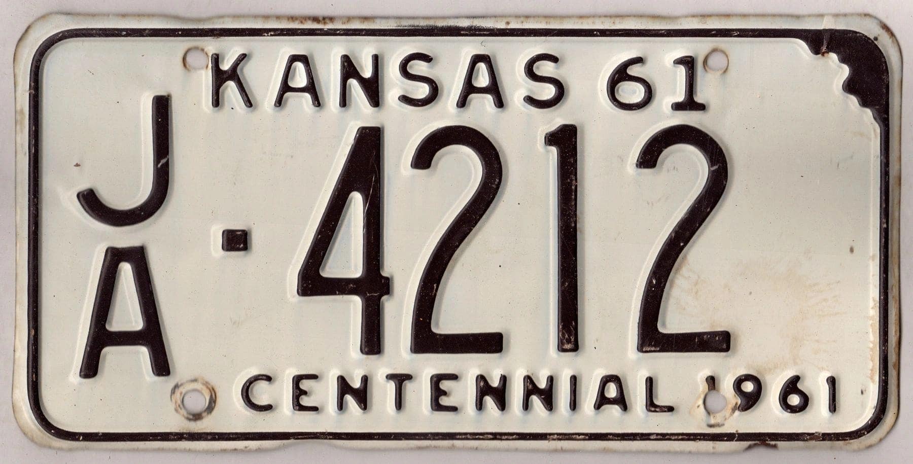 Kansas 1961 car license plate Jackson county #JA-4212