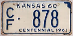 Kansas 1960 car license plate Coffey county #CF-878