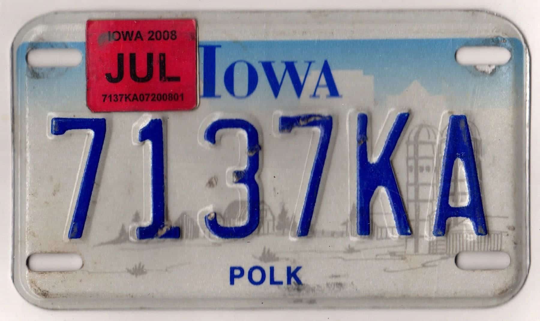 Iowa 2008 motorcycle license plate Polk county #7137KA
