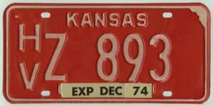 Kansas 1974 car license plate Harvey county #HV Z-893