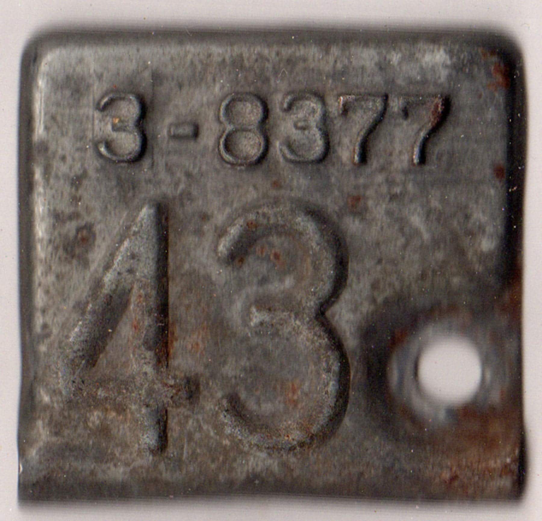 Kansas 1943 car license plate tab Shawnee county #3-8377