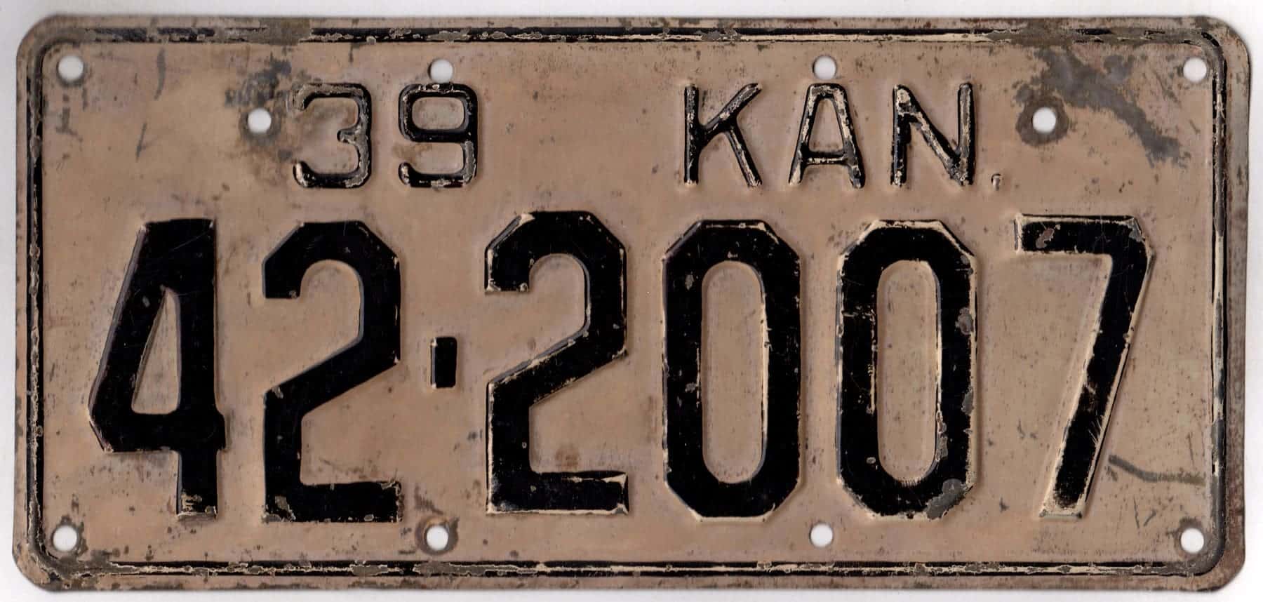 Kansas 1939 car license plate Jackson county #42-2007