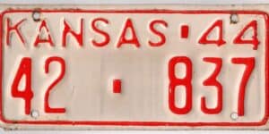 Kansas 1944 car license plate Jackson county #42-837