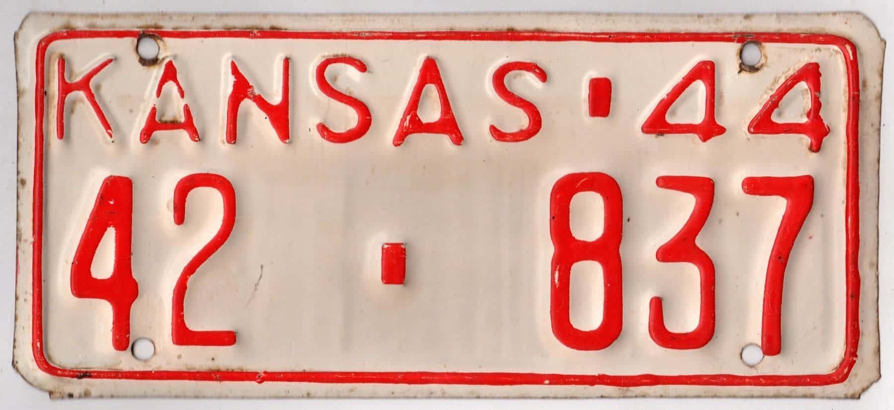 Kansas 1944 car license plate Jackson county #42-837