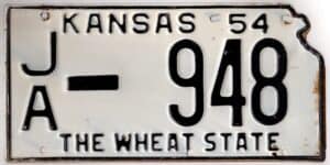 Kansas 1954 car license plate Jackson county #JA-948