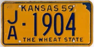 Kansas 1959 car license plate Jackson county #JA-1904