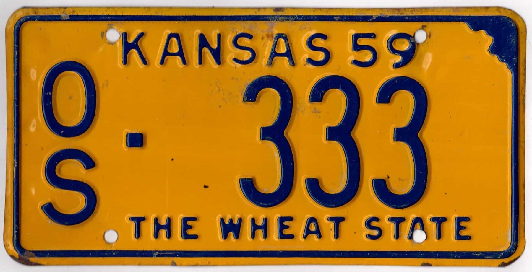 Kansas 1959 car license plate Osage county #OS-333