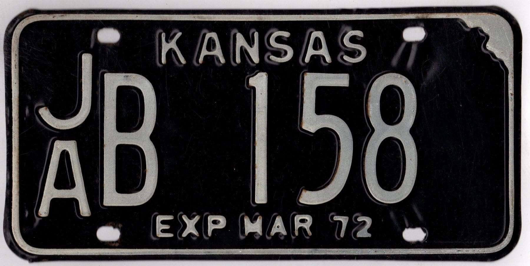 Kansas 1972 car license plate Jackson county #JA B-158