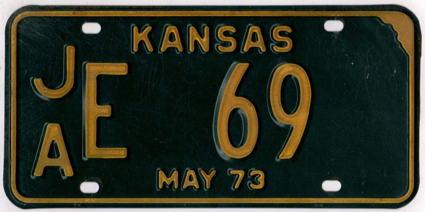 Kansas 1973 car license plate Jackson county #JA E-69