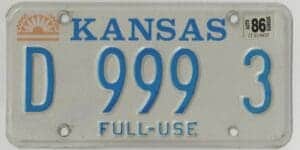 Kansas 1986 full use dealer license plate #D 999 3