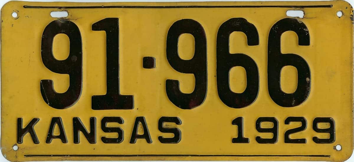 1929 Kansas Car License Plate #91-966