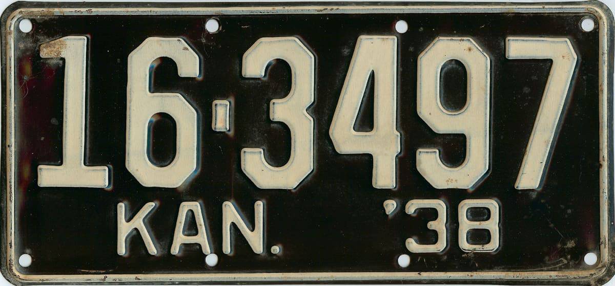 1938 Kansas Car License Plate #16-3497