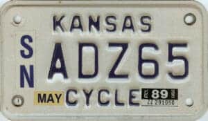 1989 Kansas Motorcycle License Plate #SN-ADZ65
