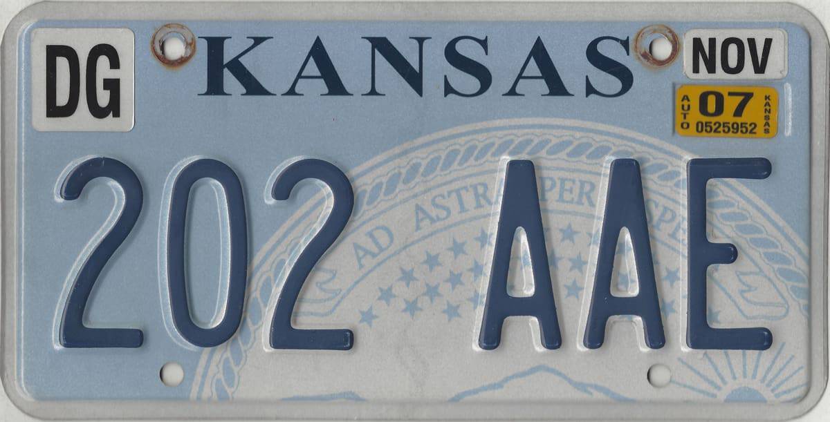 2007 Kansas Car License Plate #202AAE