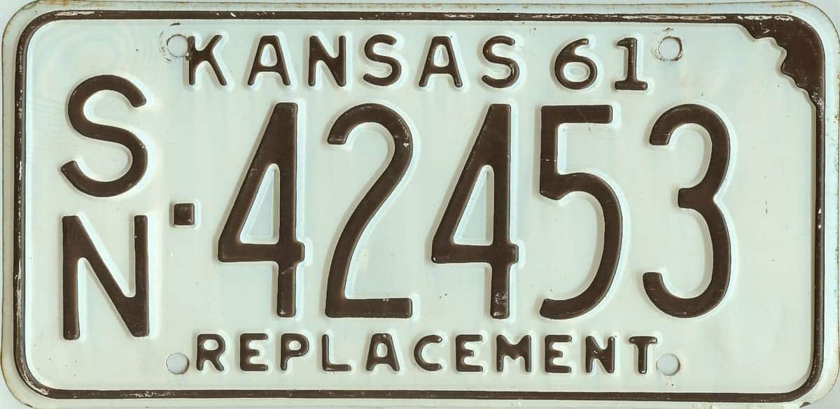 Kansas 1961 Replacement car license plate Shawnee county #SN-42453