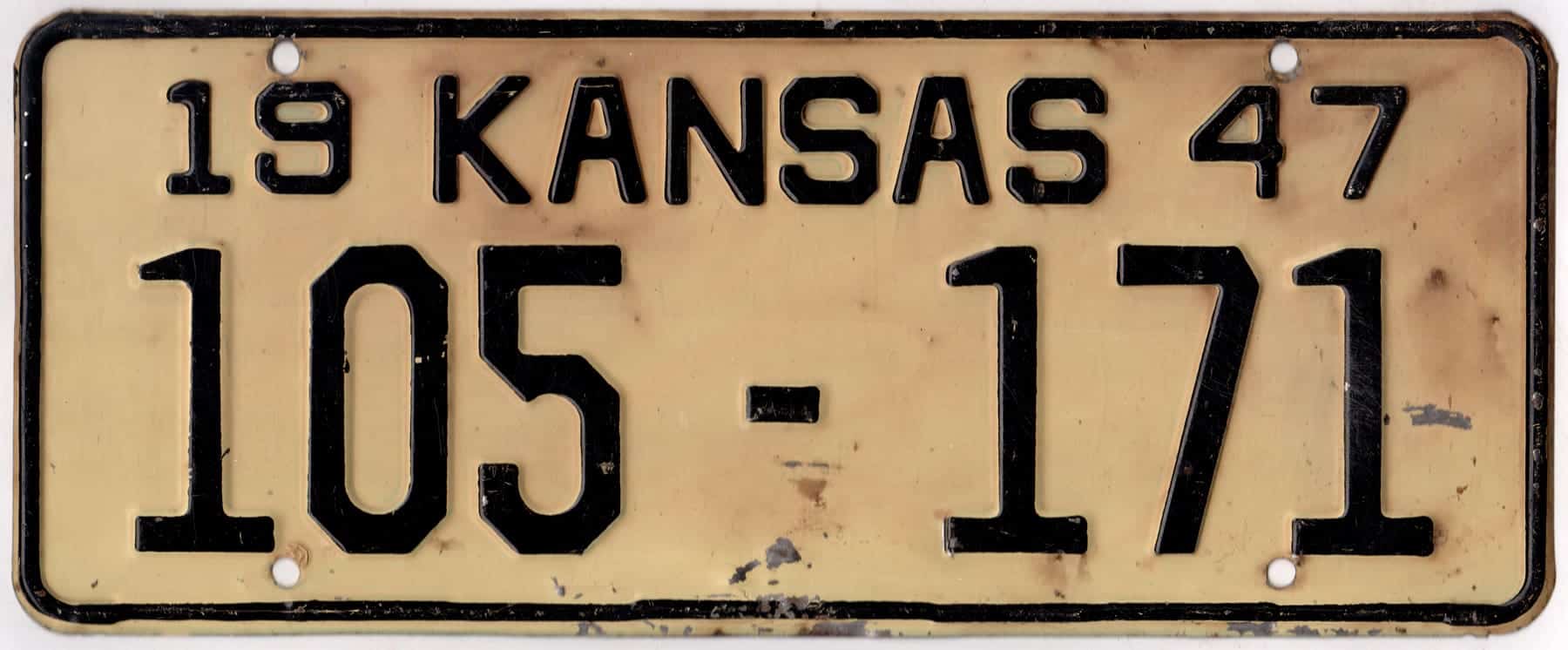 Kansas 1947 car license plate Greeley county #105-171