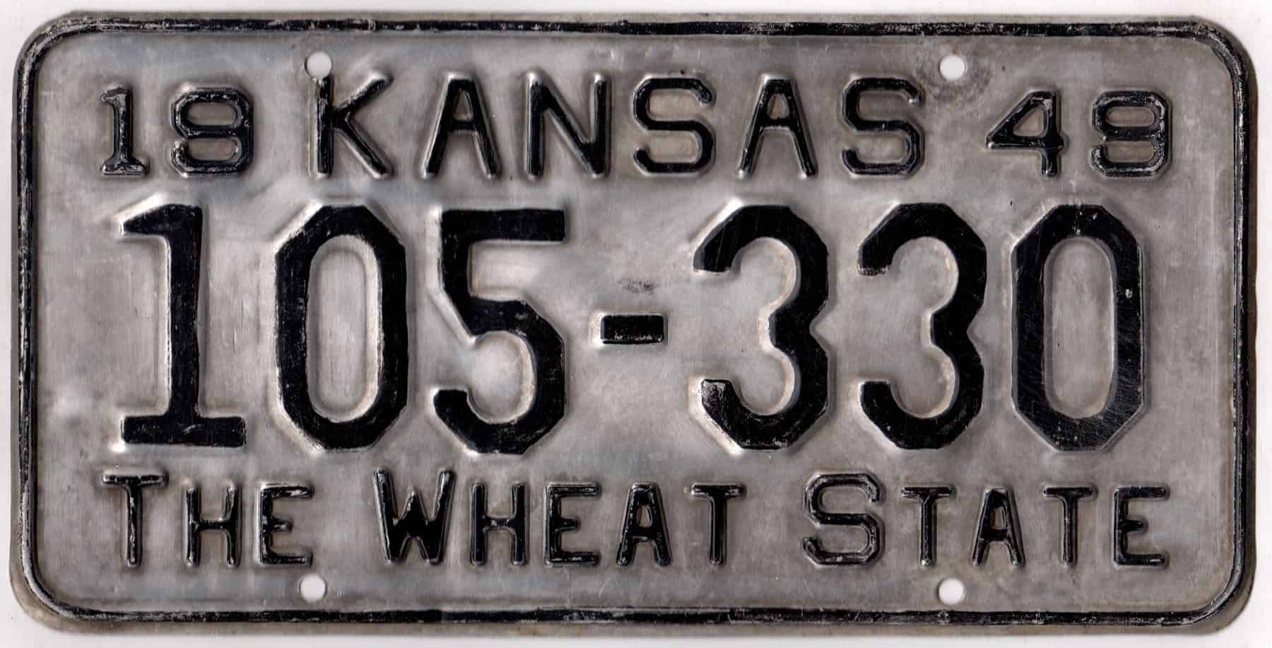 Kansas 1949 car license plate Greeley county #105-330