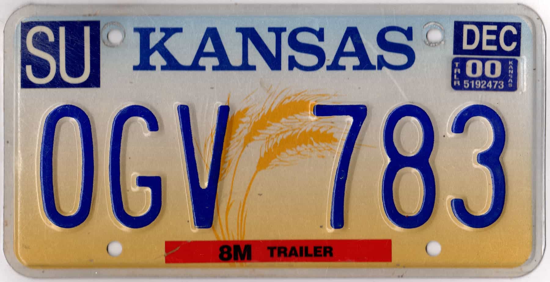 Kansas 2000 trailer license plate #OGV-783