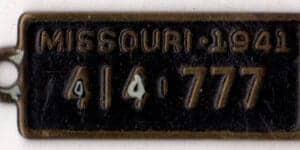 Missouri 1941 B. F. Goodrich keychain license plate #414-777