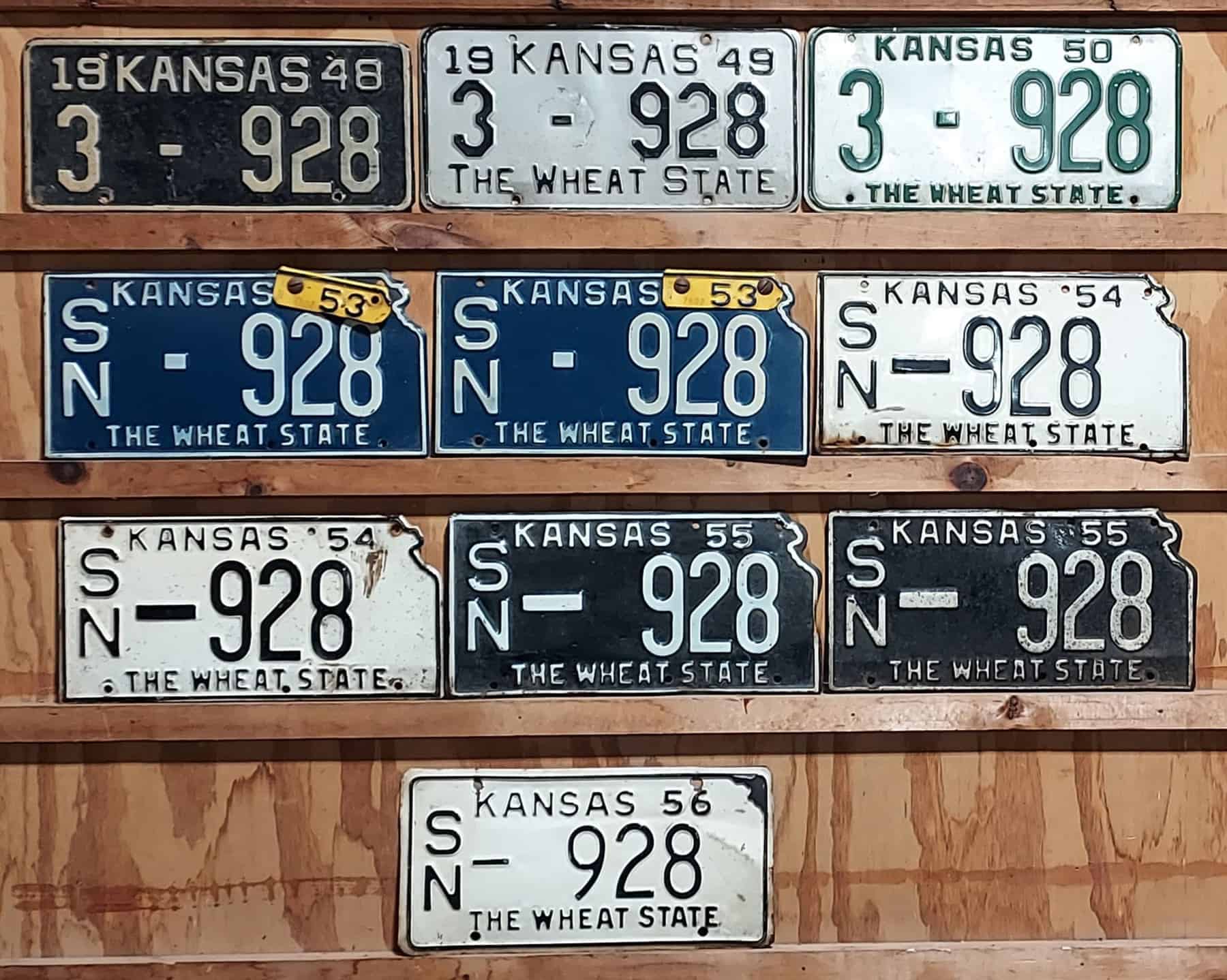 Kansas 1948 to 1956 car license plate lot. Shawnee county #SN-928