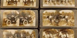 Set of 6 stereo cards showing 1914 Pennsylvania license plate