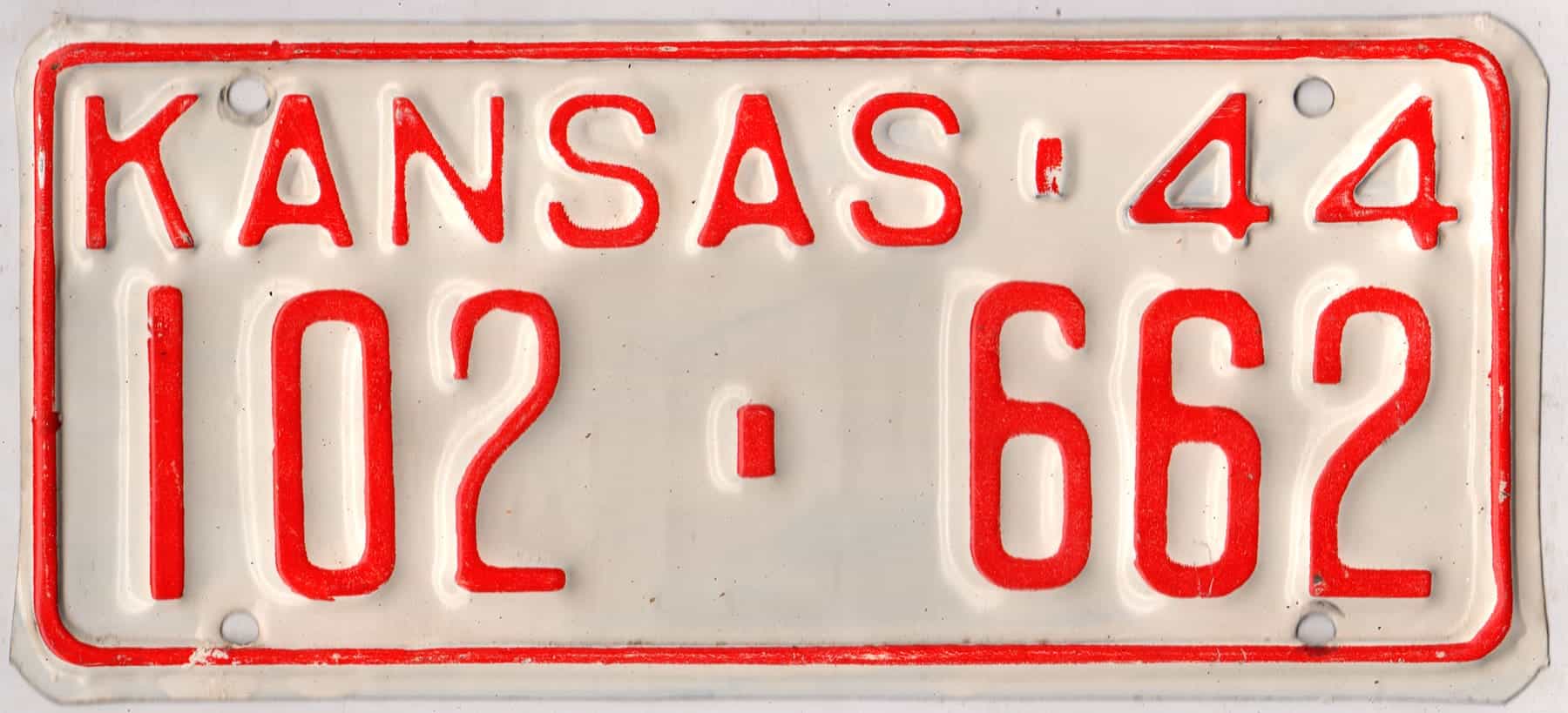 Kansas 1944 car license plate Wichita county #102-662