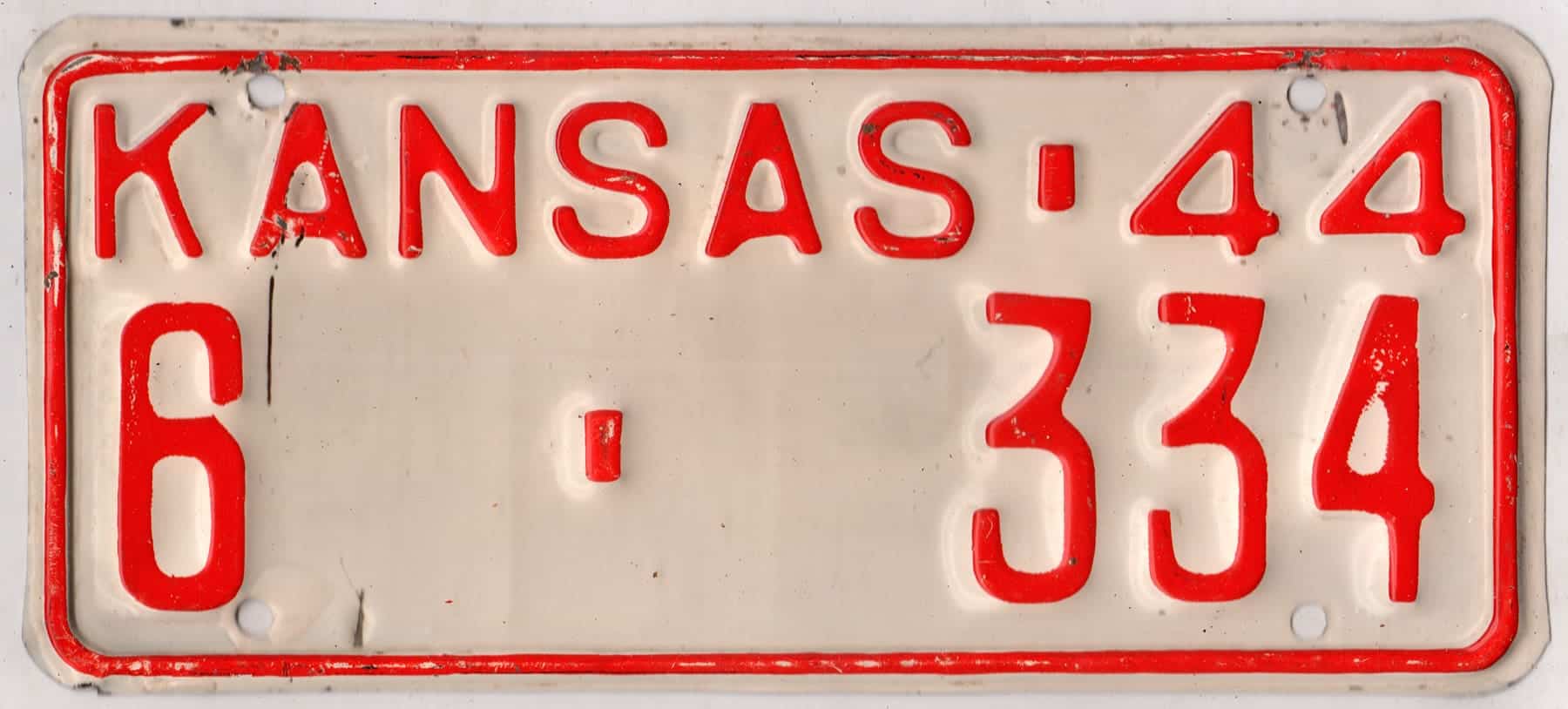Kansas 1944 car license plate Reno county #6-334